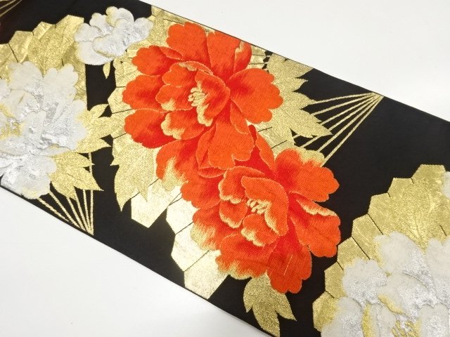 JAPANESE KIMONO / ANTIQUE FUKURO OBI / WOVEN FAN & PEONY